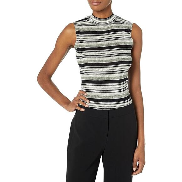 Theory Striped Mock Neck 100% Silk Ribbed Top in Denim Melange, Size Small - Picture 1 of 5